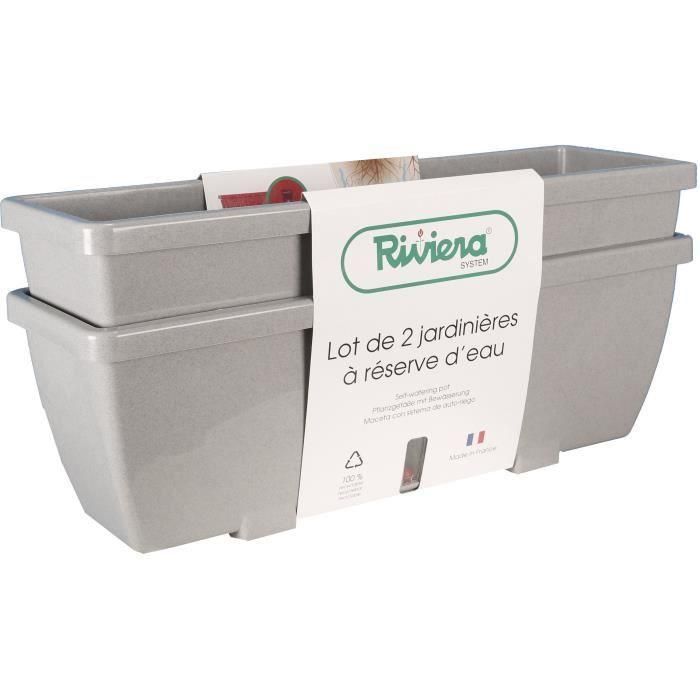 Bac a fleurs RIVIERA EVA - Lot 2 jardinieres - Plastique - 56,5x18,5x 25,5 cm - Stone