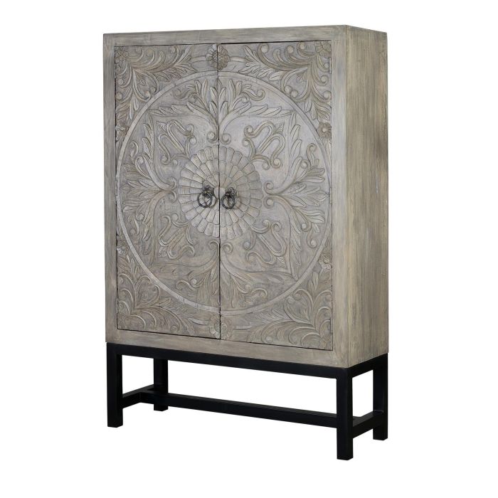 GINER Y COLOMER Armoire 2 portes en bois de manguier et métal patiné gris antiquité, avec soleil fleuri et étagères, 180 x 116 x 42 cm 0 GINER Y COLOMER Armoire 2 portes en bois de manguier et métal patiné gris antiquité, avec soleil fleuri et étagères, 180 x 116 x 42 cm 0