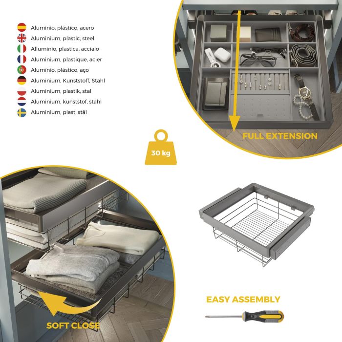 Emuca Kit tiroir en fil métallique et rack ajustable Quartz pour armoires, glissières extension totale et à fermeture douce, Module 60cm, Finition Titane 6