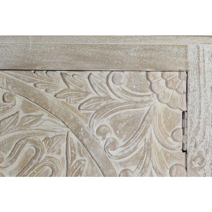 Giner y Colomer Buffet 4 portes en bois de manguier blanc vieilli avec intérieur à étagères, détails sculptés main - 158x38x85 cm environ 3 Giner y Colomer Buffet 4 portes en bois de manguier blanc vieilli avec intérieur à étagères, détails sculptés main - 158x38x85 cm environ 3