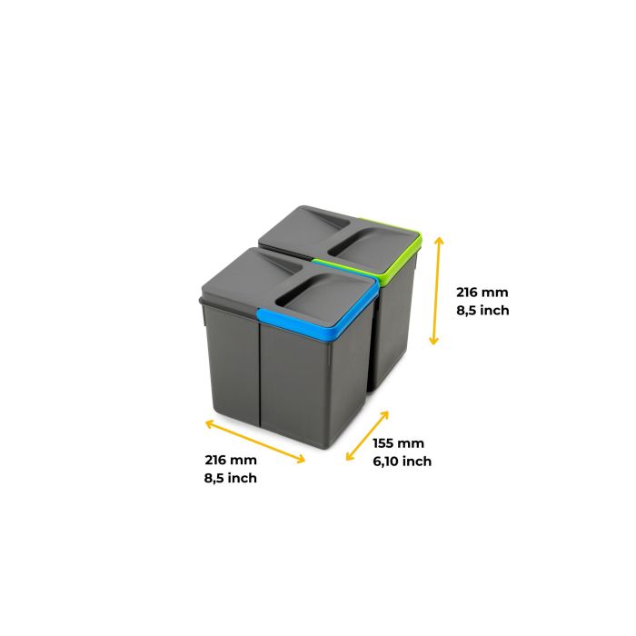 Emuca Kit de bacs de tri sélectif pour tiroirs de cuisine Recycle hauteur 216mm, 2x6litres, Plastique gris anthracite 5