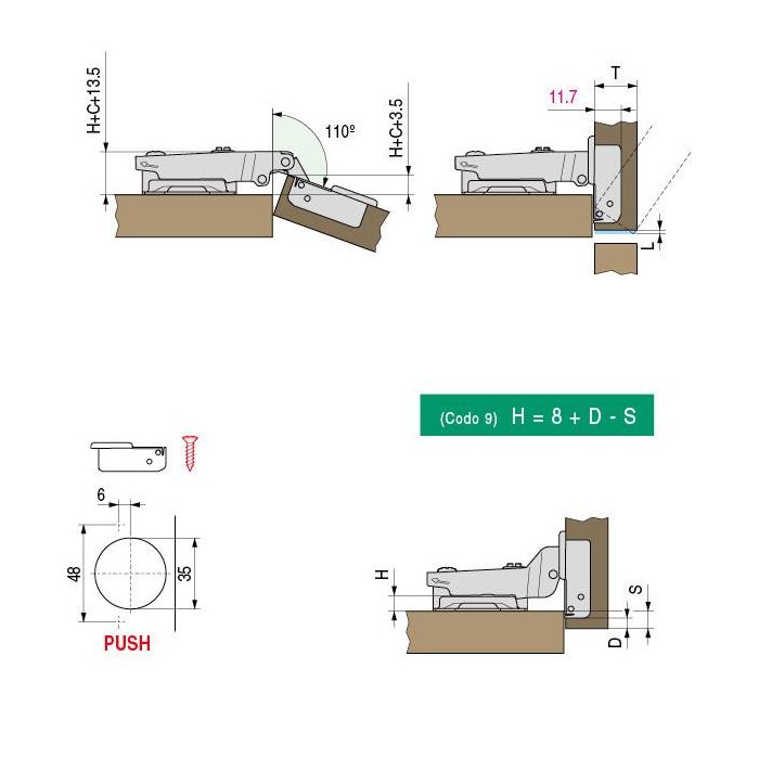 Bisagra Tigra Ø35 Push Slide-On Codo Acodado Herrajes Alk 1
