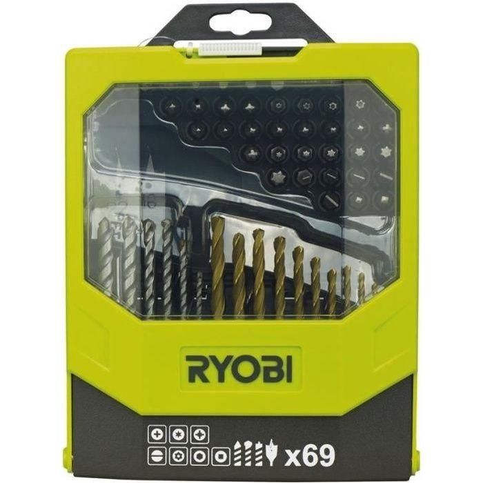 RYOBI - Coffret 69 accessoires mixtes : forets bois, béton & métal + 43 embouts 25 mm + 1 porte-embout - RAK69MIX