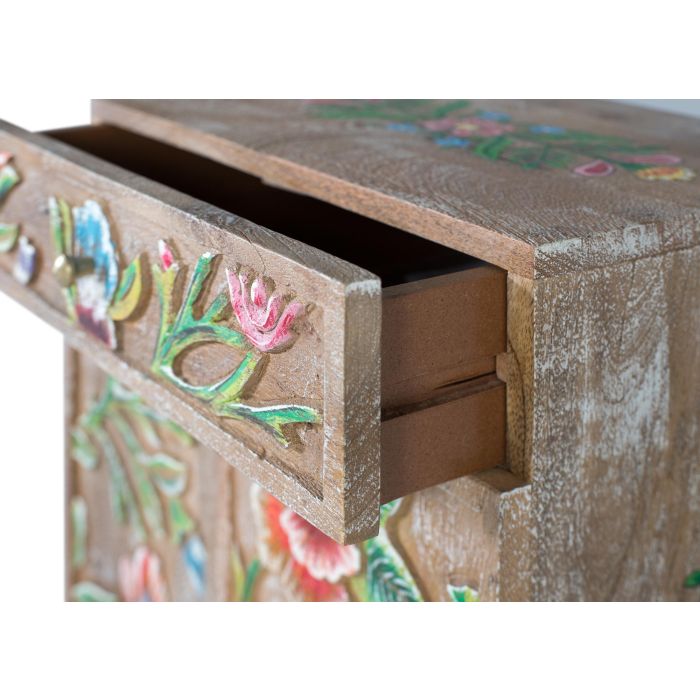 GINER Y COLOMER - Buffet console en bois de manguier avec design floral peint à main, finition vieillie, tiroir et 2 portes, dimensions détaillées 4