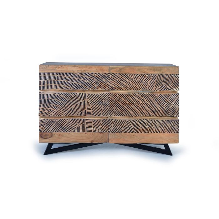 GINER Y COLOMER Commode 6 tiroirs en acacia avec pattes en métal, finition naturelle et décor sculpté main, L125 x P40 x H86 cm 1 GINER Y COLOMER Commode 6 tiroirs en acacia avec pattes en métal, finition naturelle et décor sculpté main, L125 x P40 x H86 cm 1