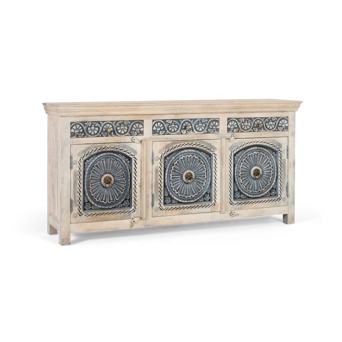 GINER Y COLOMER - Buffet en bois de manguier massif blanc lavé et bleu avec 3 tiroirs et 3 portes - Meuble de rangement artisanal 2 GINER Y COLOMER - Buffet en bois de manguier massif blanc lavé et bleu avec 3 tiroirs et 3 portes - Meuble de rangement artisanal 2