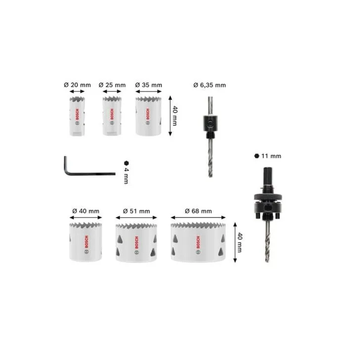 Bosch Professional - Coffret de scies trépans multi-matériaux avec filetage - Diamètres 20, 25, 35, 40, 51, 68 mm x 40 mm de long - Denture Vario