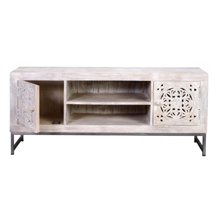 GINER Y COLOMER Meuble TV en bois de manguier massif avec portes et pieds métal, finition blanc vieilli et gris, 130x55x40 cm 2 GINER Y COLOMER Meuble TV en bois de manguier massif avec portes et pieds métal, finition blanc vieilli et gris, 130x55x40 cm 2