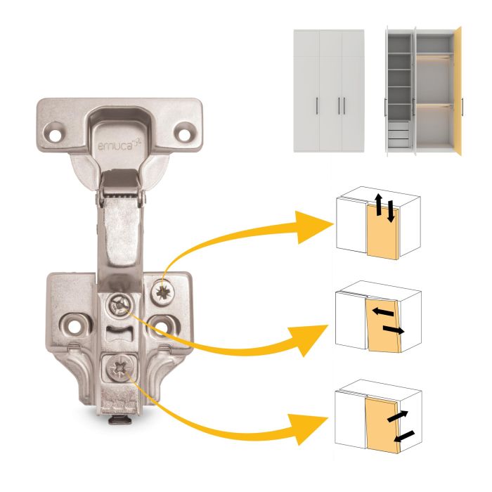 Emuca Lot de 20 charnières super coudées X92 avec fermeture amortie et embases à visser, Hauteur 0, Acier, Nickelé 4