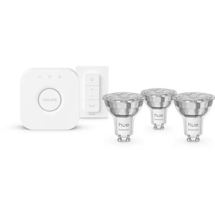 Philips Hue Kit de démarrage Bridge Blanc et Couleur - 1 Bridge + 3 Spots LED GU10 Intelligents + Commutateur Variateur Philips Hue Kit de démarrage Bridge Blanc et Couleur - 1 Bridge + 3 Spots LED GU10 Intelligents + Commutateur Variateur