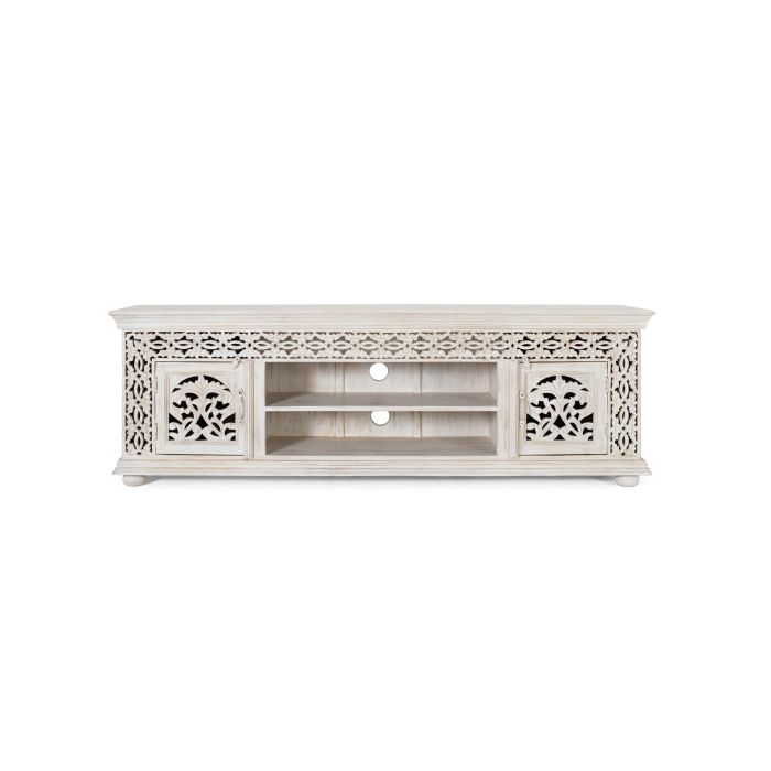 GINER Y COLOMER - Meuble TV en bois de manguier massif couleur blanc vieilli, 2 portes avec détails sculptés main, 180x40x60 cm 0 GINER Y COLOMER - Meuble TV en bois de manguier massif couleur blanc vieilli, 2 portes avec détails sculptés main, 180x40x60 cm 0