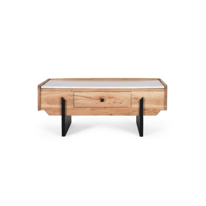 GINER Y COLOMER - Table basse en bois d'acacia massif et marbre blanc avec tiroir traversant et pieds métalliques noirs - Design moderne 0 GINER Y COLOMER - Table basse en bois d'acacia massif et marbre blanc avec tiroir traversant et pieds métalliques noirs - Design moderne 0