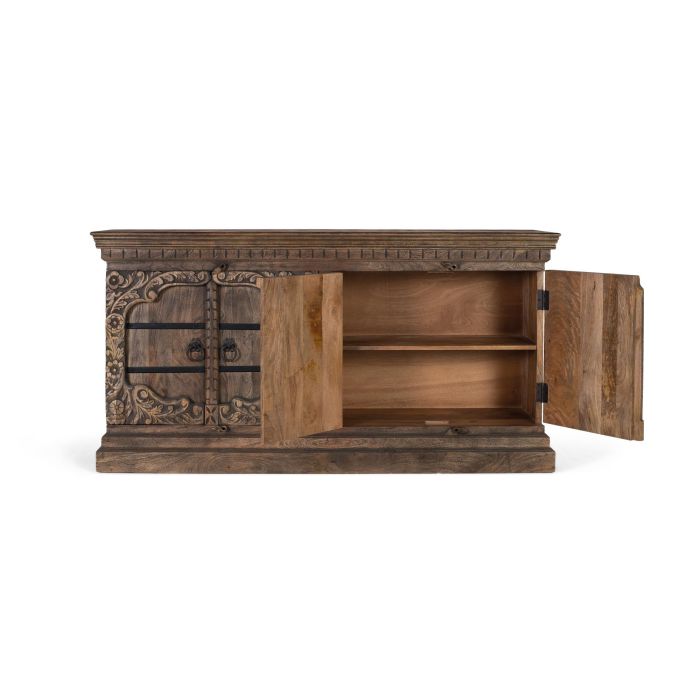 GINER Y COLOMER Buffet 4 portes en bois de manguier massif, fabriqué à la main, portes sculptées motifs floraux avec ferrures et poignées en fer vieilli, couleur marron 1