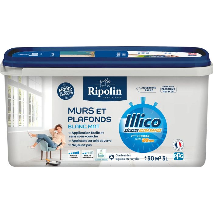 Ripolin - Peinture murale et pour plafond ILLICO 3 L - Blanc Mat - Ultra couvrante, séchage rapide 20 min - Fabriqué en France Ripolin - Peinture murale et pour plafond ILLICO 3 L - Blanc Mat - Ultra couvrante, séchage rapide 20 min - Fabriqué en France