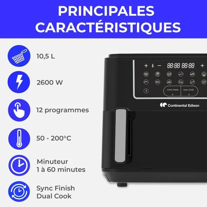 Continental Edison Friteuse à Air CEFR2400TB - Sans Huile - 10.5L - 2600W - 12 Programmes - Noir