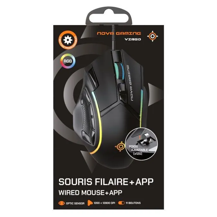 Nova Gaming Souris Gaming Filaire Virgo GM315, Noir avec Rétroéclairage RGB, Boutons Programmables et Capteur Haute Performance pour Jeu