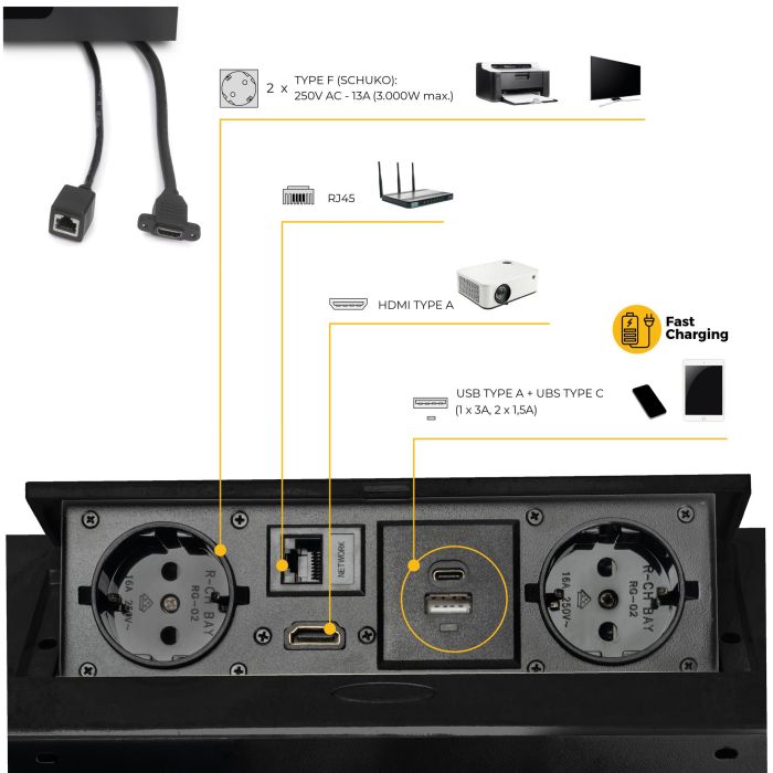 Emuca Multiconnecteur Atom 26 A+C pour bureau, EU, Peint en noir, Acier et Plastique et Zamak. 6