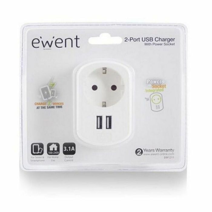 Prise Murale avec 2 Ports USB Ewent EW1211 3,1 A 0 Prise Murale avec 2 Ports USB Ewent EW1211 3,1 A 0