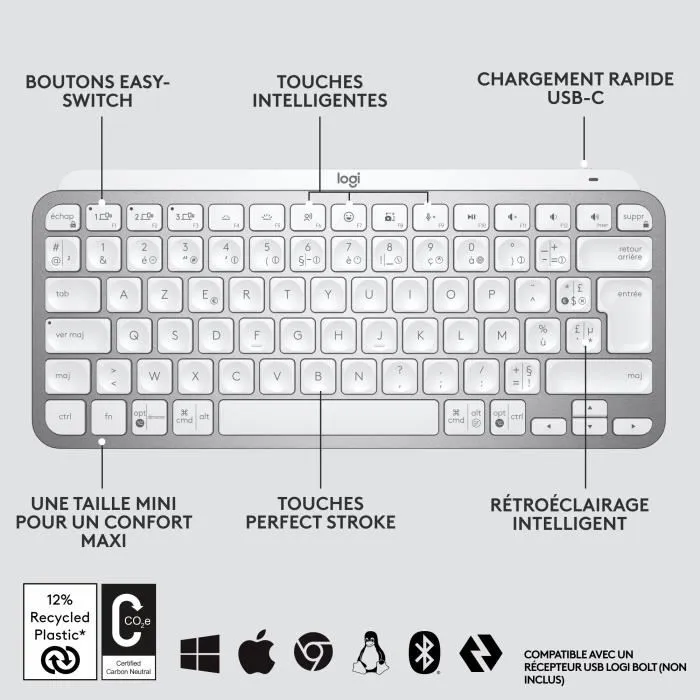 Logitech MX Keys Mini Clavier Inalámbrico Compact Bluetooth Rétroéclairé Gris Pálido Compatible Mac iOS Windows Linux Android 5