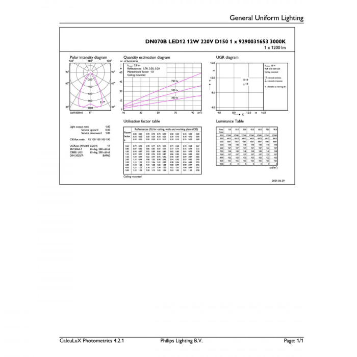 Philips Downlight LED 12W 1200Lm 3000K IP54 30000H PH-35398500 3