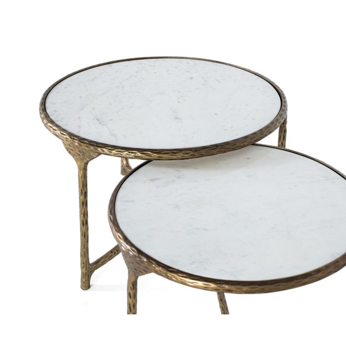 GINER Y COLOMER - Lot de 2 tables basses rondes en fer et marbre, design contemporain, couleur doré et blanc 1