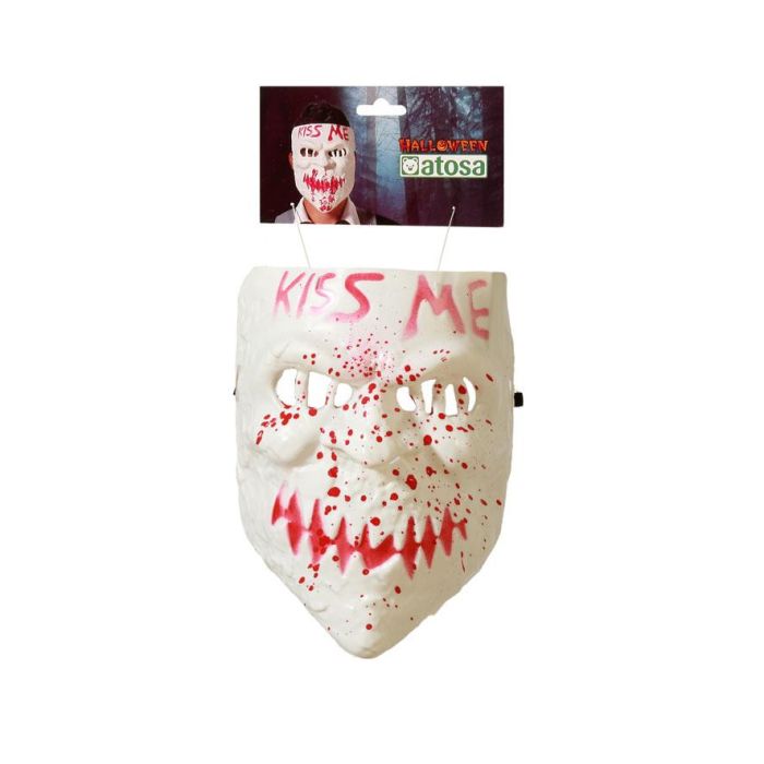 Masque Halloween blanc Kiss Me avec inscriptions et taches de sang, masque effrayant de style dérangé pour un costume de criminel ou de personnage dystopique