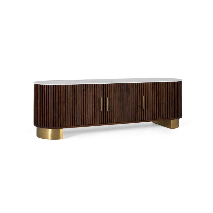 GINER Y COLOMER - Meuble TV 160 cm en bois de manguier couleur noyer, plateau marbre synthétique blanc, côtés courbes, 3 portes, poignées et base dorées 1