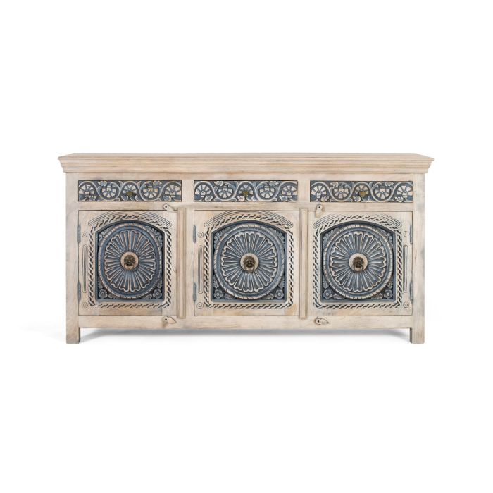 GINER Y COLOMER - Buffet en bois de manguier massif blanc lavé et bleu avec 3 tiroirs et 3 portes - Meuble de rangement artisanal 0 GINER Y COLOMER - Buffet en bois de manguier massif blanc lavé et bleu avec 3 tiroirs et 3 portes - Meuble de rangement artisanal 0