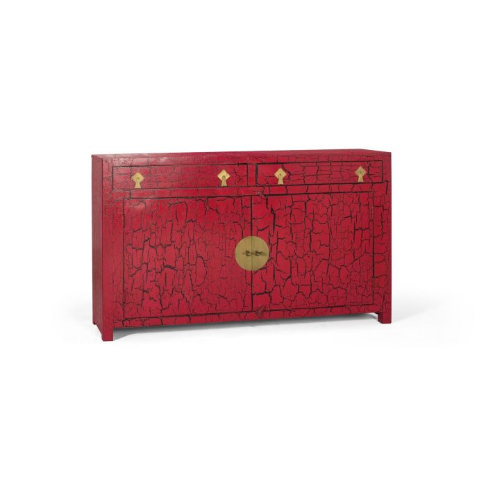 Buffet japonais en bois de manguier et MDF rouge laqué avec finition usée et ferrures dorées - 150x40x90 cm 1