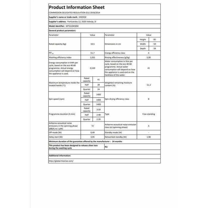 Machine à laver Hisense WF5S1045BW 59,5 cm 1400 rpm 10,5 kg 17