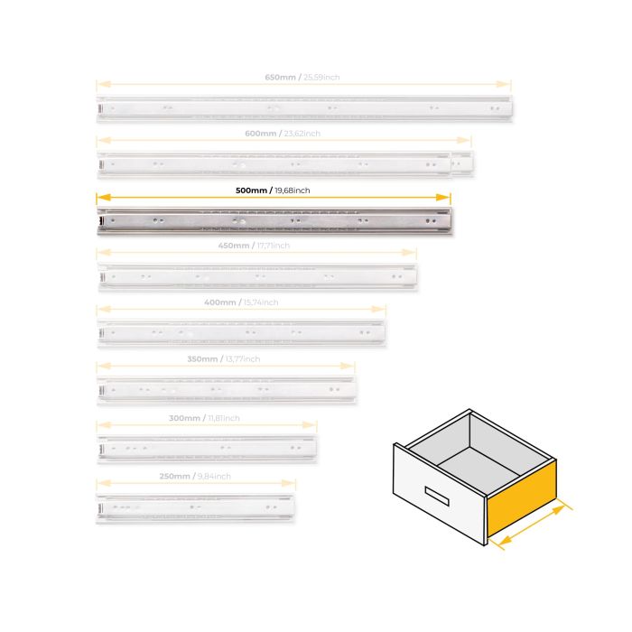 Emuca Jeu de coulisses à billes pour tiroir à sortie totale, hauteur 45mm, longueur 500mm, Acier, Zingué 6