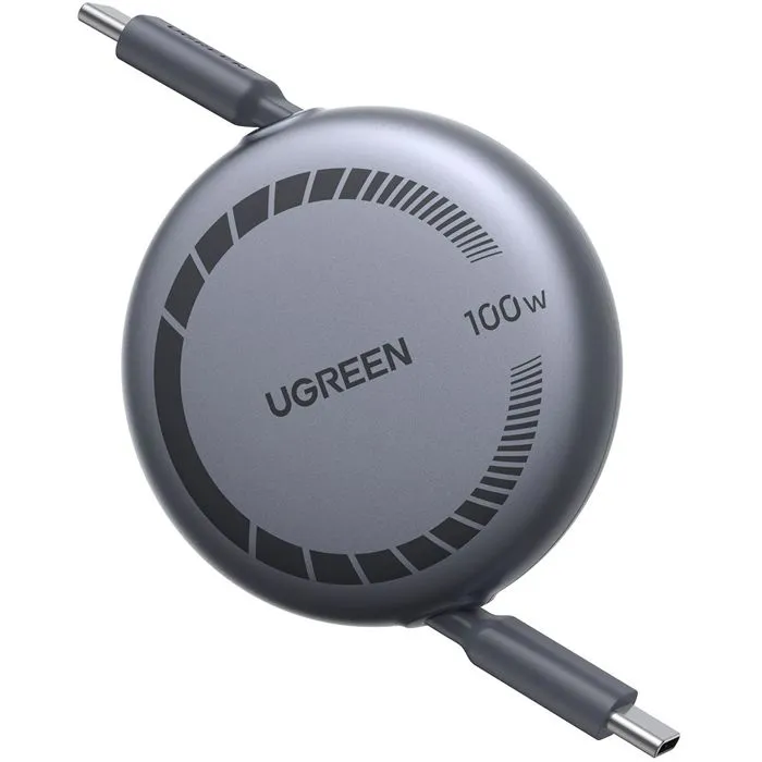 Câble UGREEN USB-C vers USB-C PD, rétractable, charge rapide 100W, transfert de données, 1 mètre, design noir moderne
