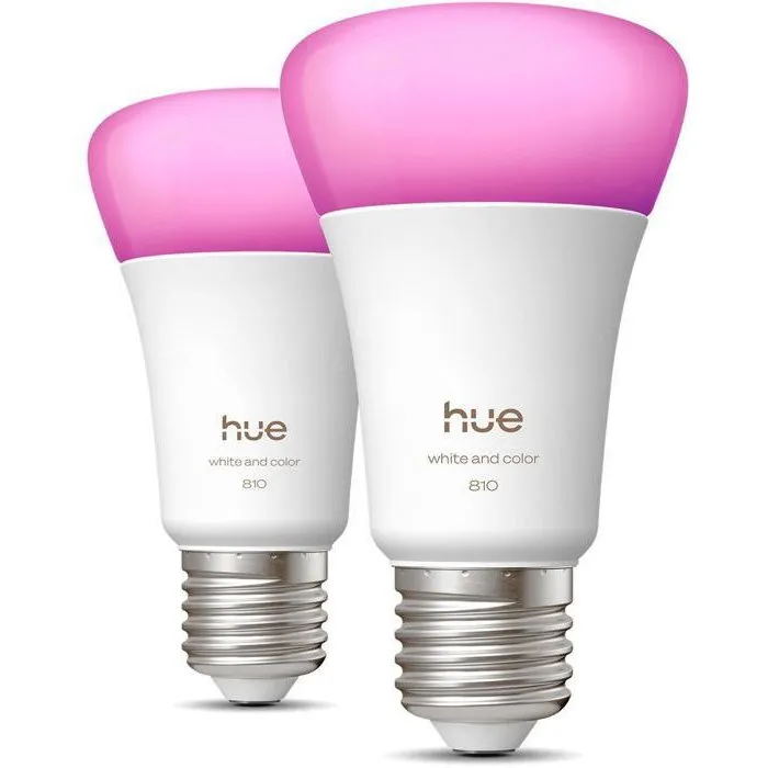 Philips Hue Ampoule LED Connectée A60 - 2 Ampoules - Culot E27 6W - Lumière Blanche & Couleurs, 810 Lm - Compatible Application Philips Hue Ampoule LED Connectée A60 - 2 Ampoules - Culot E27 6W - Lumière Blanche & Couleurs, 810 Lm - Compatible Application