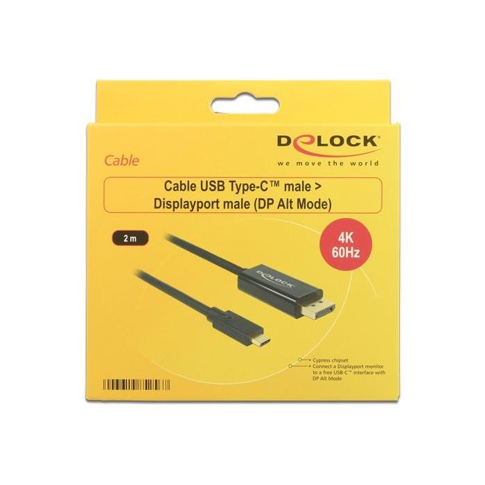 DeLock DisplayPort 1.2 > USB-C (ST-ST) 2m Adapterkabel 4K 60Hz Schwarz 1