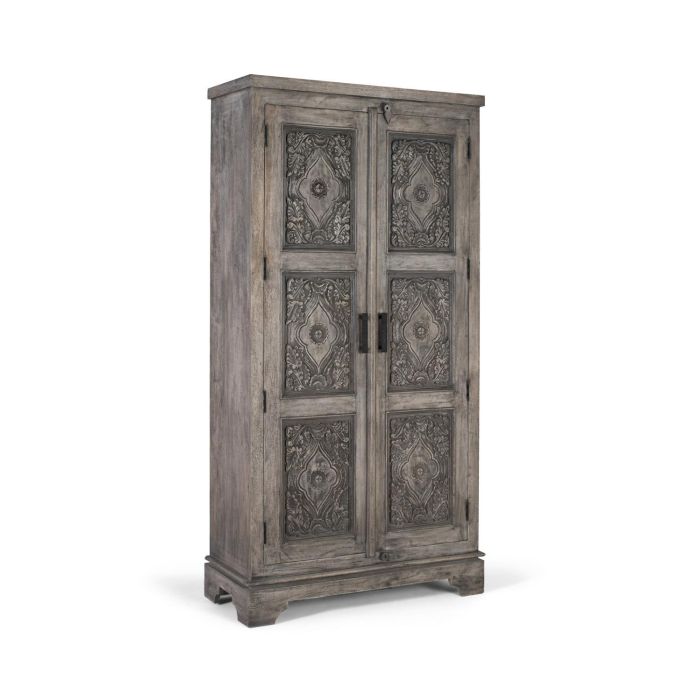 GINER Y COLOMER - Armoire contemporaine en bois de manguier massif gris avec portes sculptées, étagères et barre à vêtements, aménagement intérieur spacieux 2