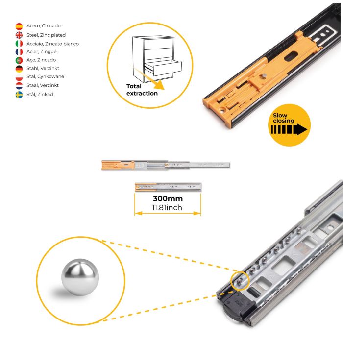 Emuca Lot de 5 jeux de coulisses de tiroirs, roulement à billes, hauteur 45mm, profondeur 300mm, sortie totale, fermeture amortie, Zingué 6 Emuca Lot de 5 jeux de coulisses de tiroirs, roulement à billes, hauteur 45mm, profondeur 300mm, sortie totale, fermeture amortie, Zingué 6