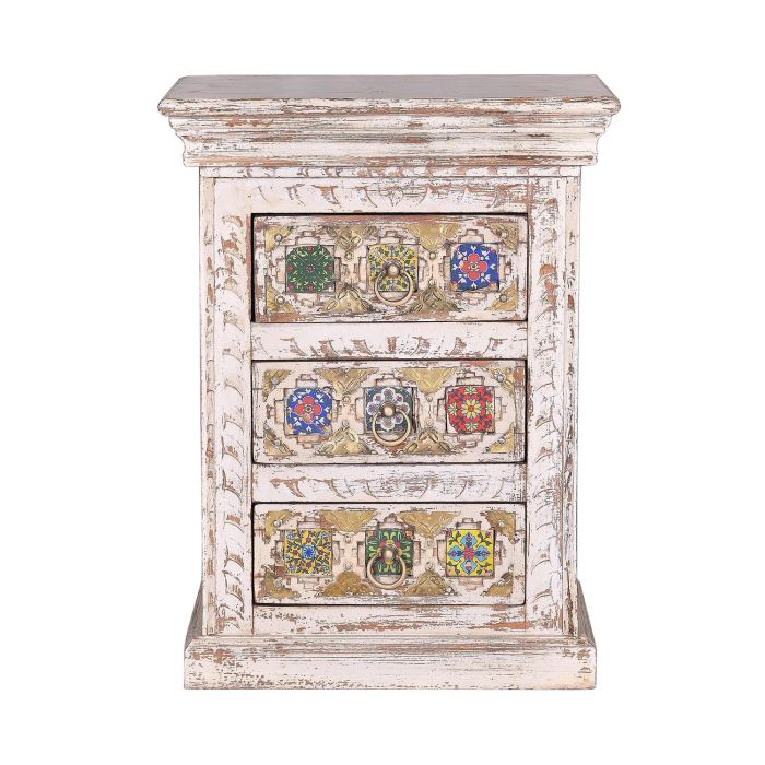 GINER Y COLOMER Table de nuit en bois de manguier avec incrustations de céramique et bronce, finition blanc vieilli, 3 tiroirs, 65 x 50 x 40 cm 1 GINER Y COLOMER Table de nuit en bois de manguier avec incrustations de céramique et bronce, finition blanc vieilli, 3 tiroirs, 65 x 50 x 40 cm 1