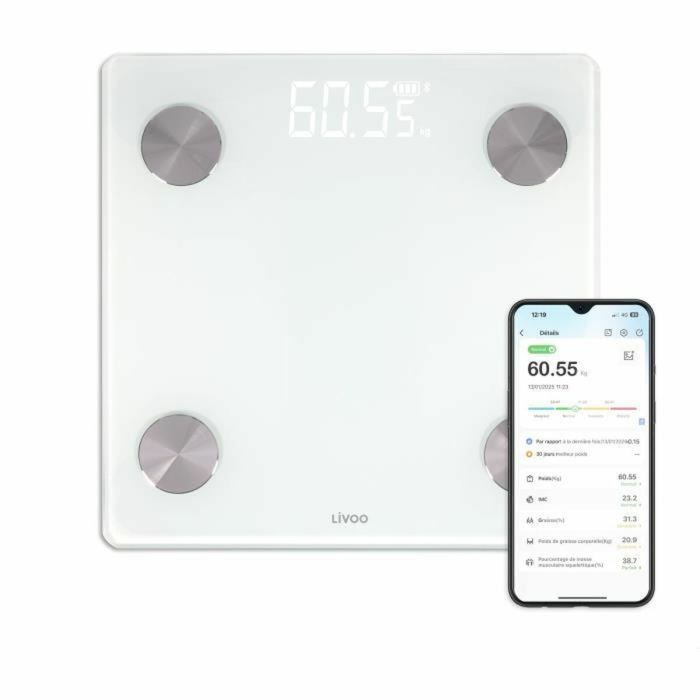 Balance Numérique de Salle de Bain Livoo DOM528W Blanc Verre trempé 180 kg