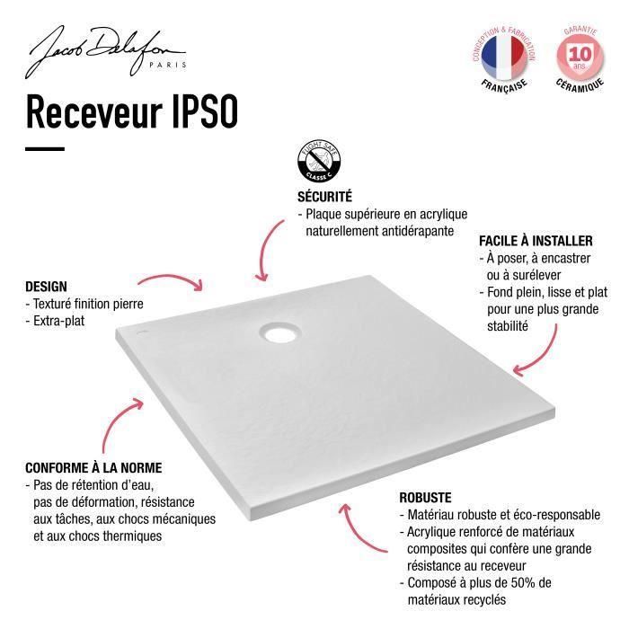 JACOB DELAFON Receveur de douche extra-plat Ipso E62302-WPM 100x80x3,5 cm - Garantie 10 ans, Blanc, texture pierre 1