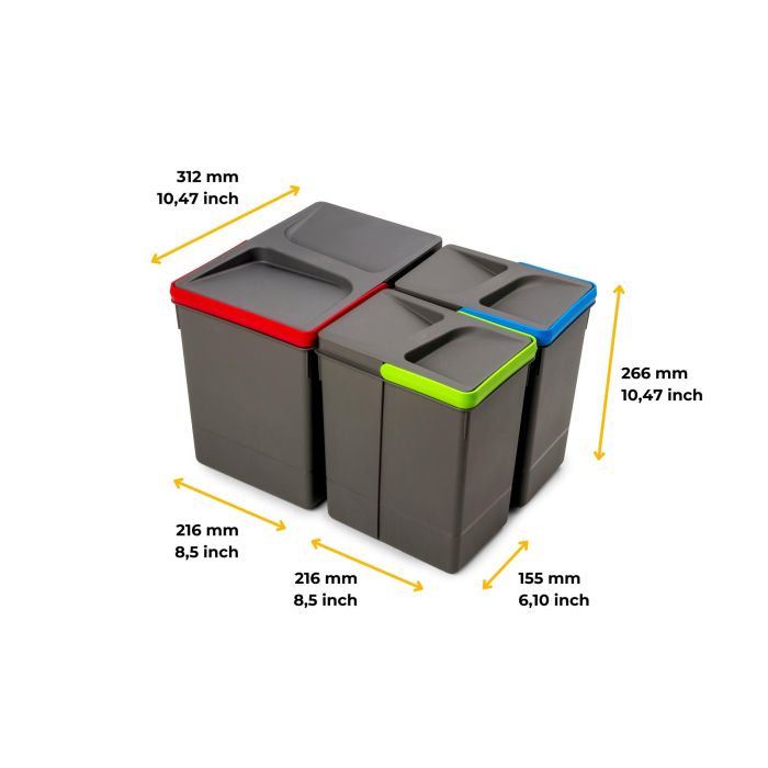 Emuca Kit de bacs de tri sélectif pour tiroirs de cuisine Recycle hauteur 266mm, 1x15litres, 2x7litres, Plastique gris antracite 5 Emuca Kit de bacs de tri sélectif pour tiroirs de cuisine Recycle hauteur 266mm, 1x15litres, 2x7litres, Plastique gris antracite 5