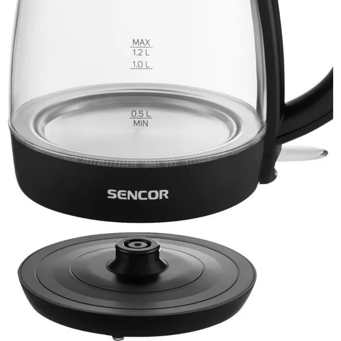 Sencor SWK 2300BK Bouilloire électrique en verre 1,2 L 2200 W avec filtre amovible et base pivotante 360°