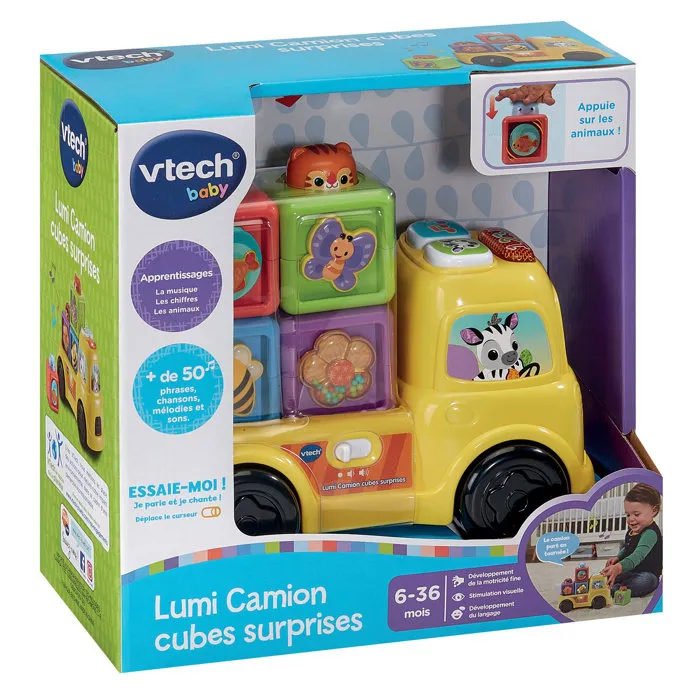 VTech Baby - Lumi Camion Cubes Surprises - Jouet d'éveil avec sons et lumières - 6 à 36 mois - Développe la motricité - Camion à empiler et cubes colorés