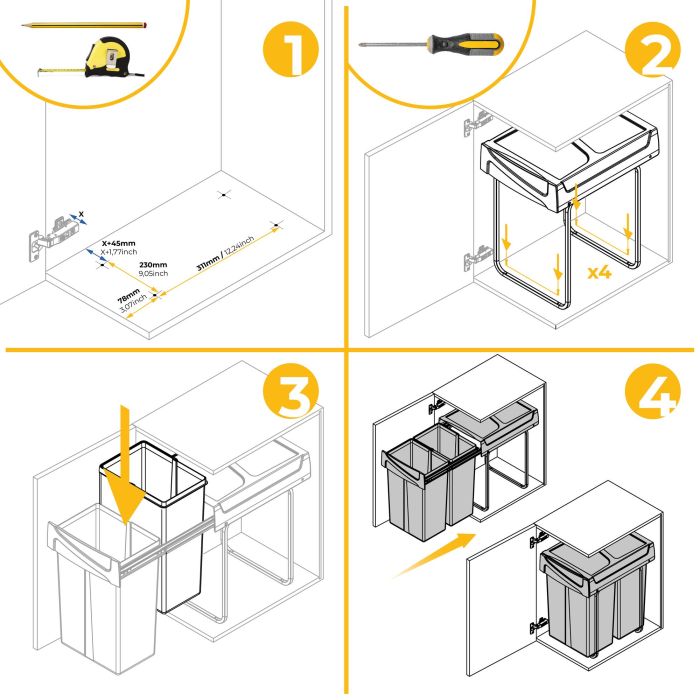 Emuca bac de tri sélectif a montage inférieur et extraction manuelle pour élément de cuisine Recycle, 2x25litres, Plastique gris antracite 15