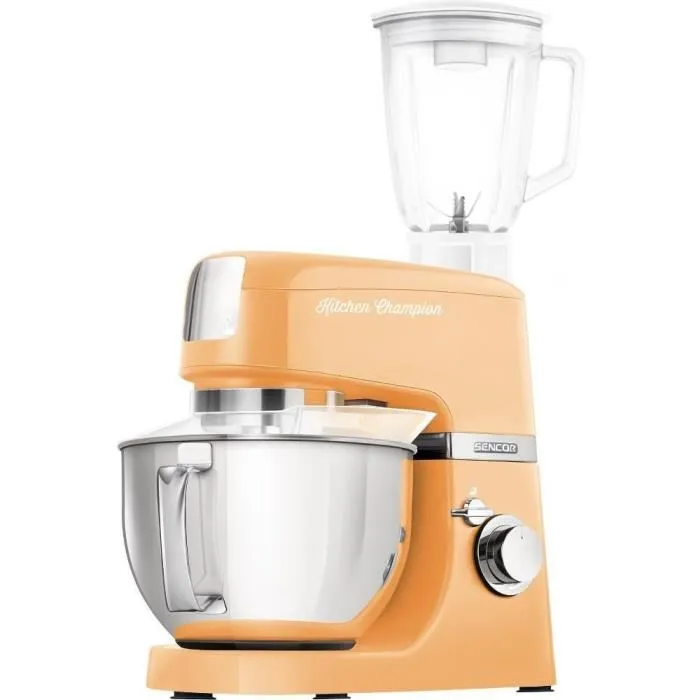 Sencor STM 6353OR - Robot pâtissier multifonction 1000 W avec bol inox 4.5 L, hachoir à viande, machine à biscuits et 8 accessoires - Orange