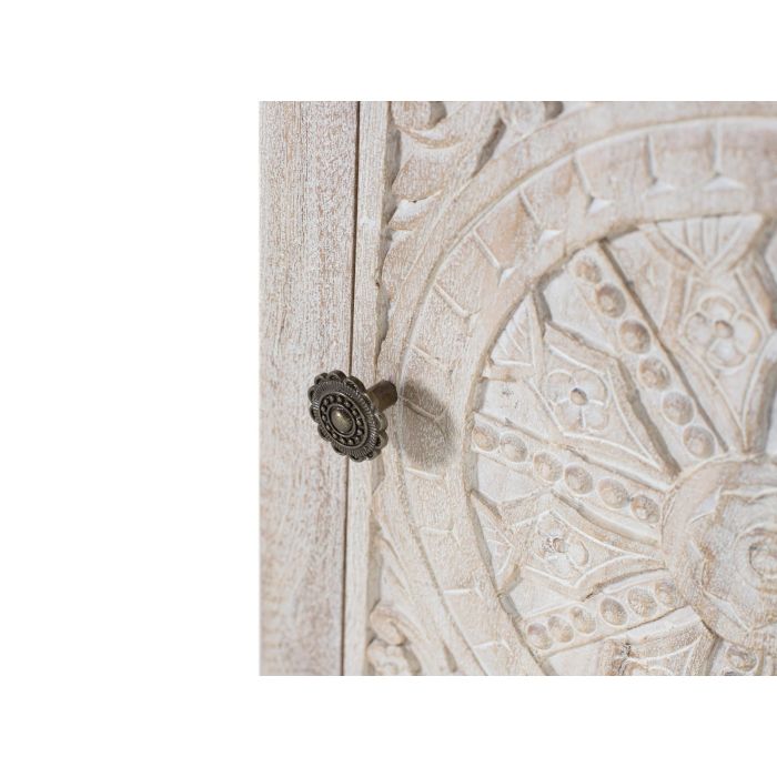 GINER Y COLOMER Table de Chevet en Bois de Mango Acajou, Finition Sable avec Porte Sculptée à la Main, Tiroir et Poignée Noire 4