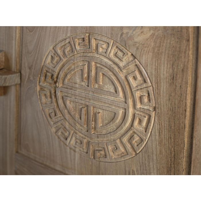 GINER Y COLOMER - Buffet en bois de teca massif style oriental avec 2 tiroirs et 2 portes sculptées, finition naturelle rustique - Dimensions L110 x P41 x H77 cm