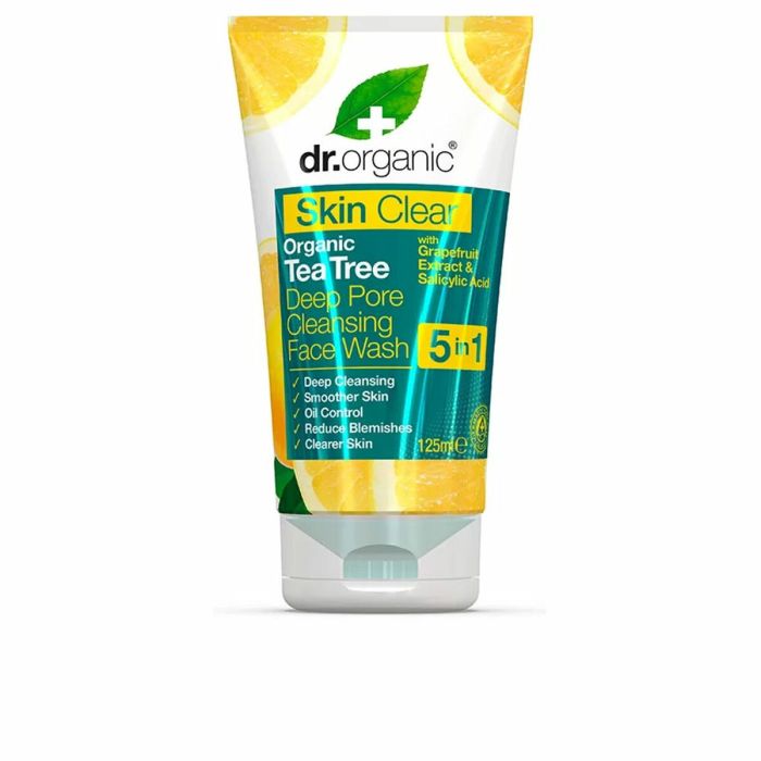 Dr. Organic SKIN CLEAR Nettoyant Visage 125 ml - Nettoyage Profond, Contrôle de Graisse, Anti-imperfections, Huiles d'Arbre à Thé, Pamplemousse, Orange & AHA Naturels