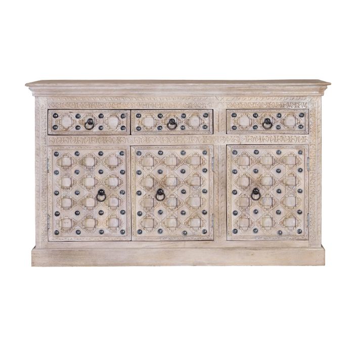 GINER Y COLOMER Buffet artisanal en bois de manguier naturel avec 3 portes et 3 tiroirs, finition patine blanche et détails en fer vieilli - Style BAKRA (92x150x40 cm) 1
