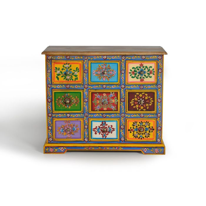 GINER Y COLOMER - Commode 9 tiroirs en bois de manguier massif avec finition peinte à la main - Buffet de rangement artisanal 1 GINER Y COLOMER - Commode 9 tiroirs en bois de manguier massif avec finition peinte à la main - Buffet de rangement artisanal 1