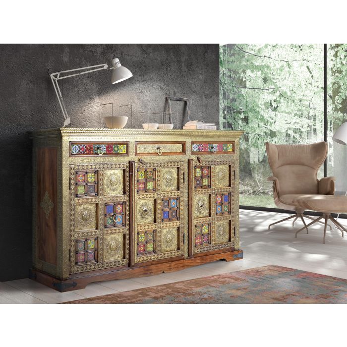 GINER Y COLOMER - Buffet en acacia massif style ethnique avec incrustations céramiques et bronze, couleur cerisier, 3 tiroirs et 3 portes, 90x150x40 cm 7